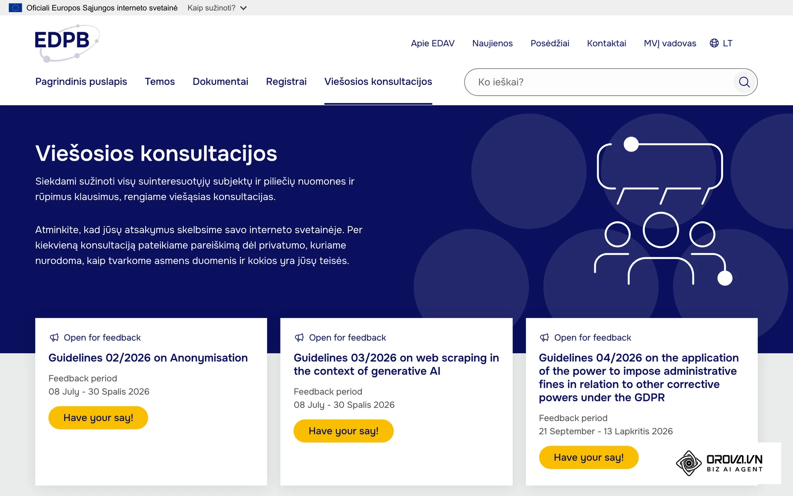 EDPB viešųjų konsultacijų puslapis lietuvių kalba: čia skelbiami nauji gairių projektai, tarp jų ir dėl duomenų rinkimo iš interneto (web scraping).