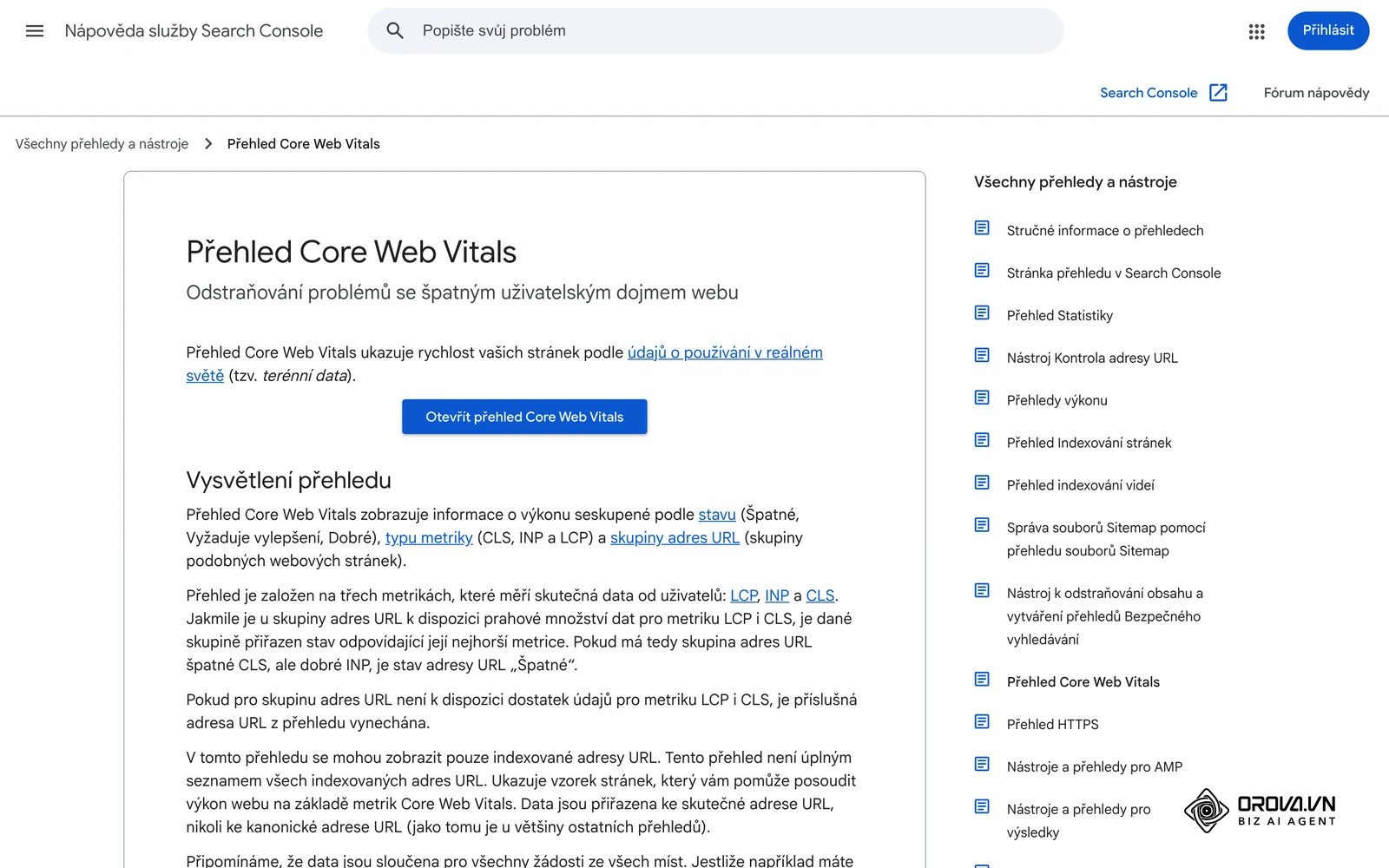 Nápověda Search Console: přehled Core Web Vitals – metriky LCP, INP a CLS a hranice stavů Dobré, Vyžaduje vylepšení a Špatné.