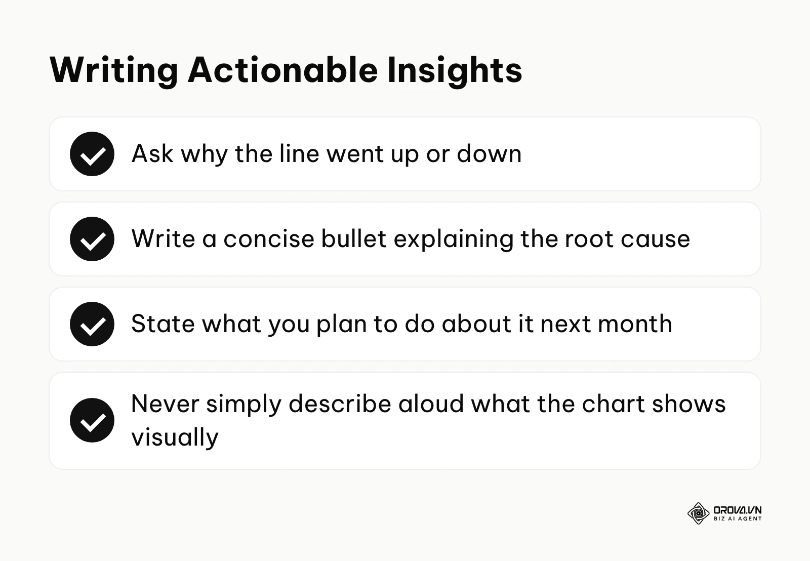 Key principles for writing analytical insights instead of just describing raw numbers.