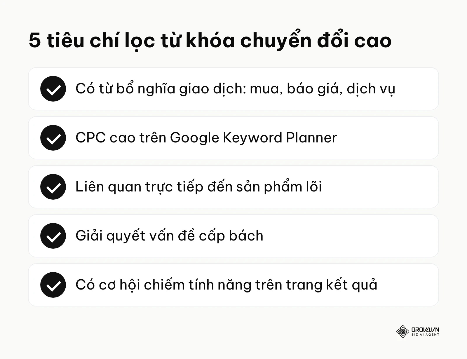 Danh sách năm tiêu chí lọc từ khóa có tỷ lệ chuyển đổi cao.