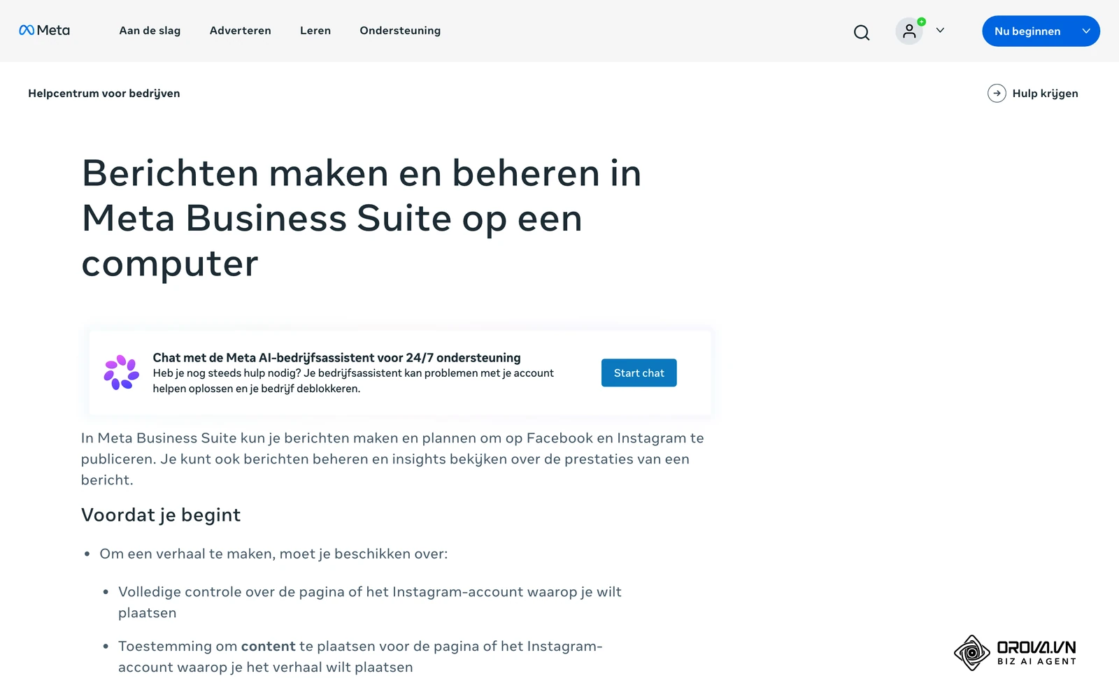 Meta Helpcentrum voor bedrijven (Nederlands): berichten maken en plannen met Bericht maken, Plaatsen op, Media en Planningsopties.