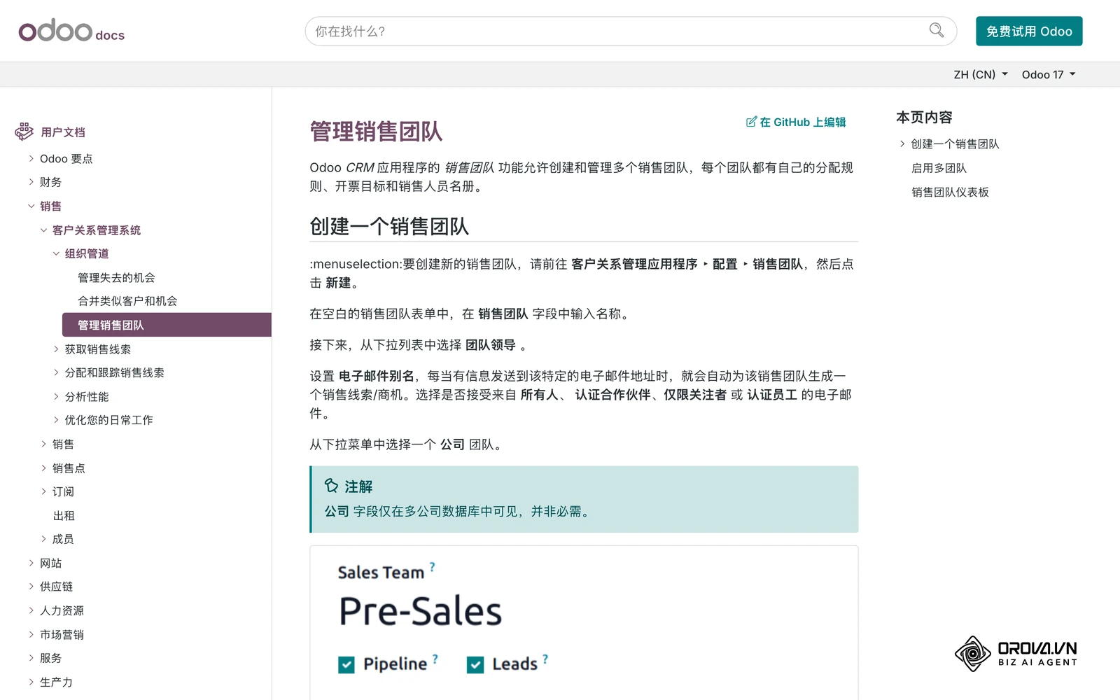 Odoo CRM官方文档截图：按销售团队配置成员、团队负责人以及Pipeline与潜在客户选项