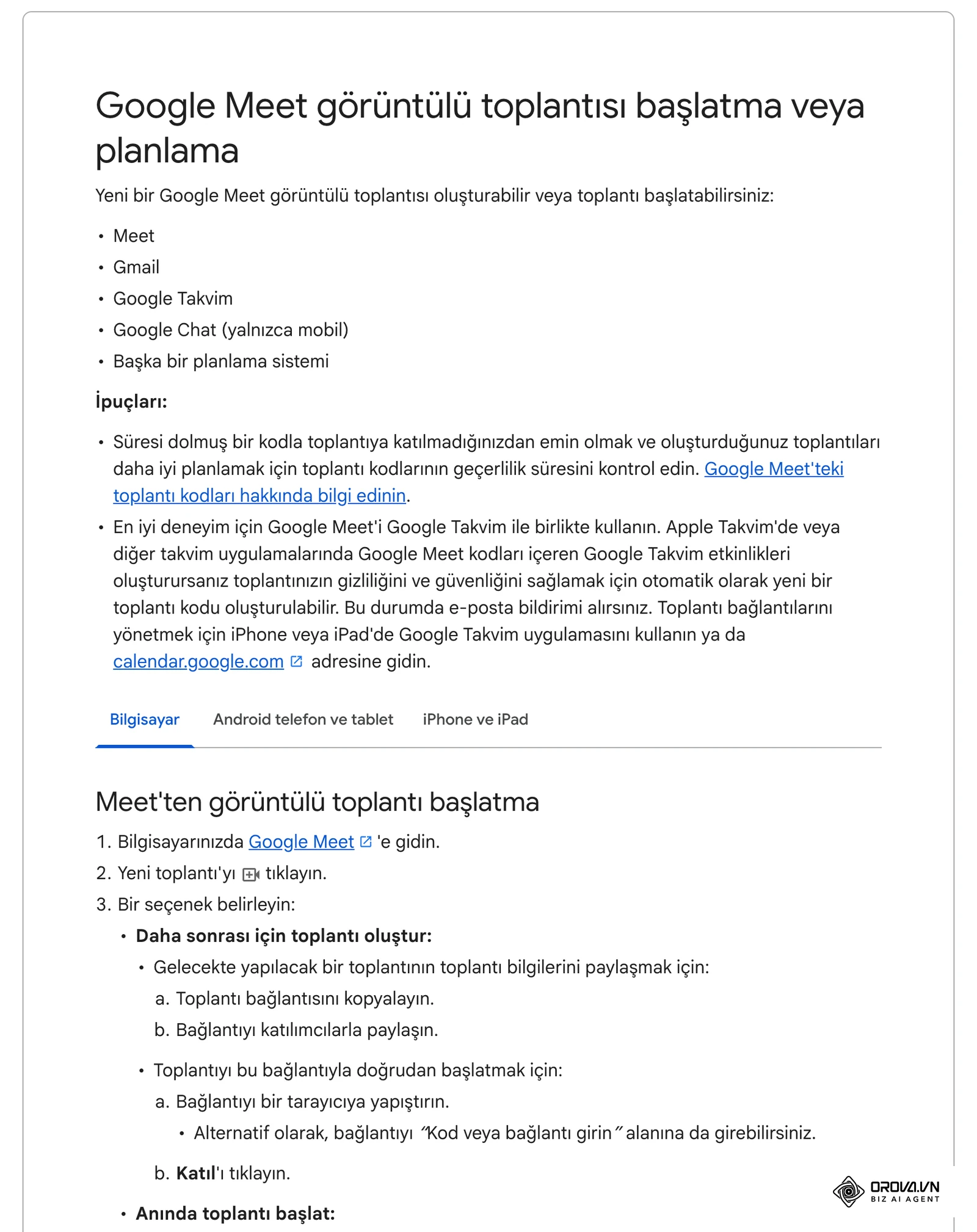 Google Meet Yardım: görüntülü toplantı başlatma veya takvimden planlama adımlarını gösteren resmi sayfa.