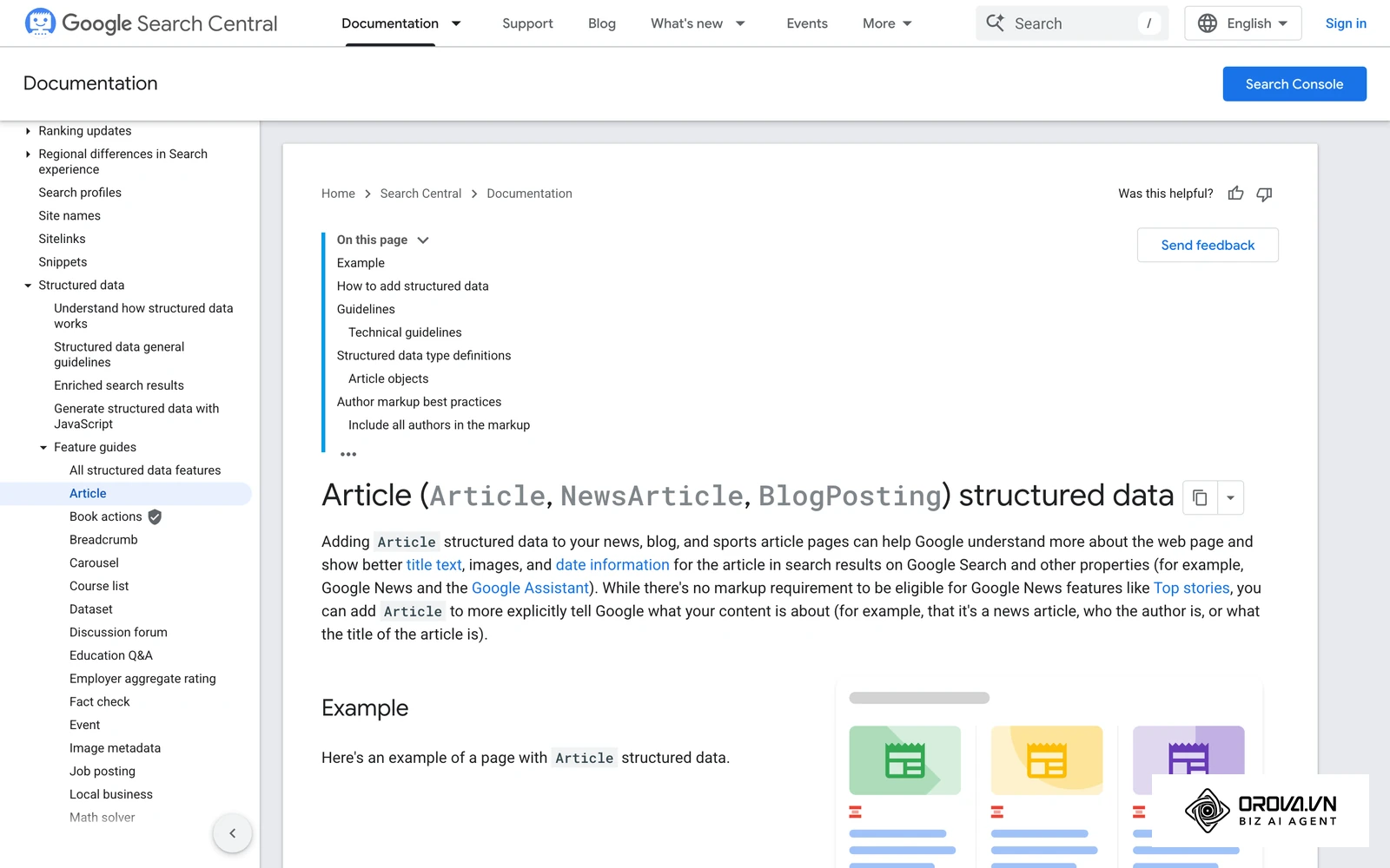 ໜ້າເອກະສານ Article structured data ຂອງ Google ພ້ອມຮູບຕົວຢ່າງການສະແດງຜົນບົດຄວາມທີ່ມີ Schema markup ເທິງ Google Search.