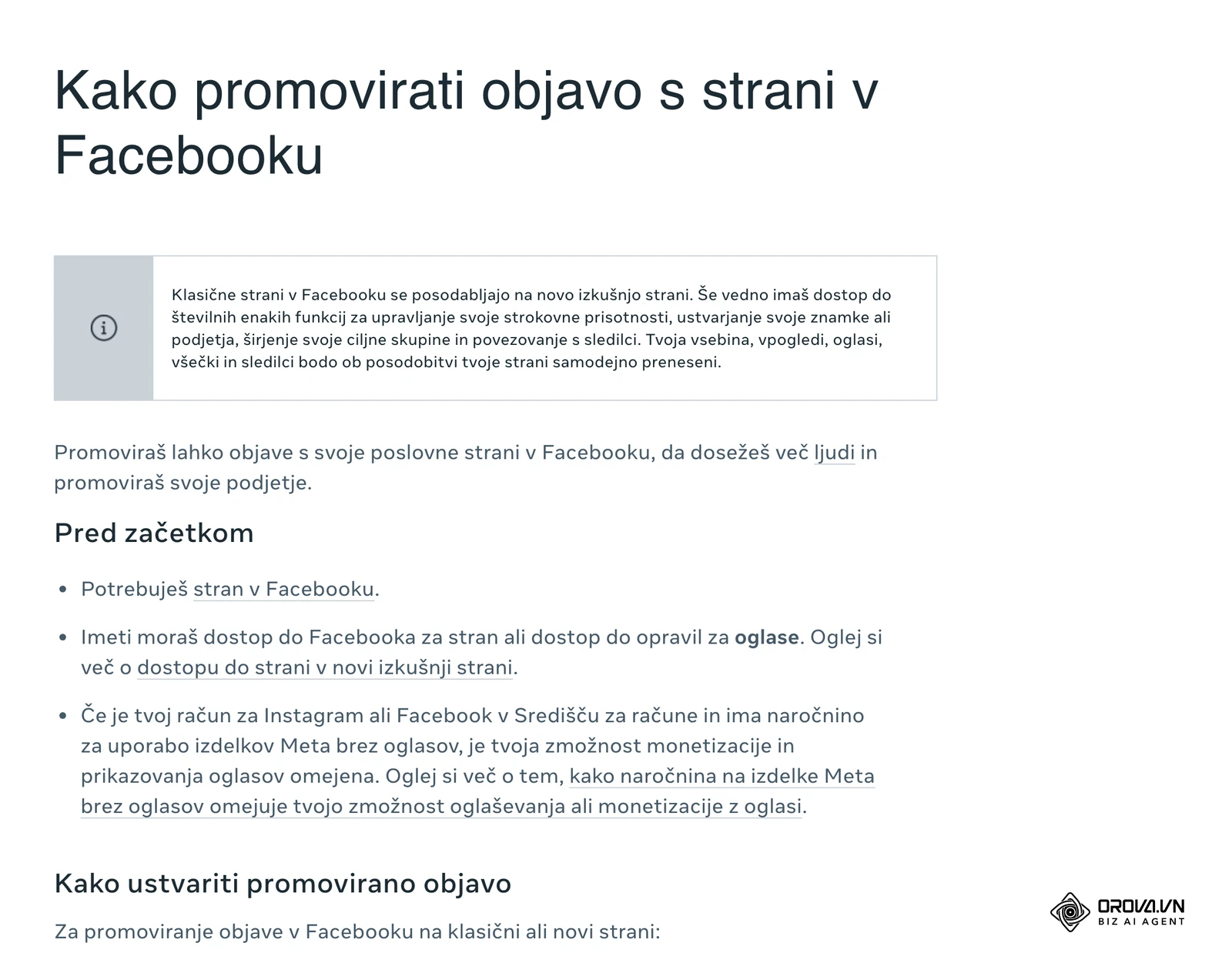Center za pomoč Meta v slovenščini: »Kako promovirati objavo s strani v Facebooku« – pogoji pred začetkom in koraki za promovirano objavo.