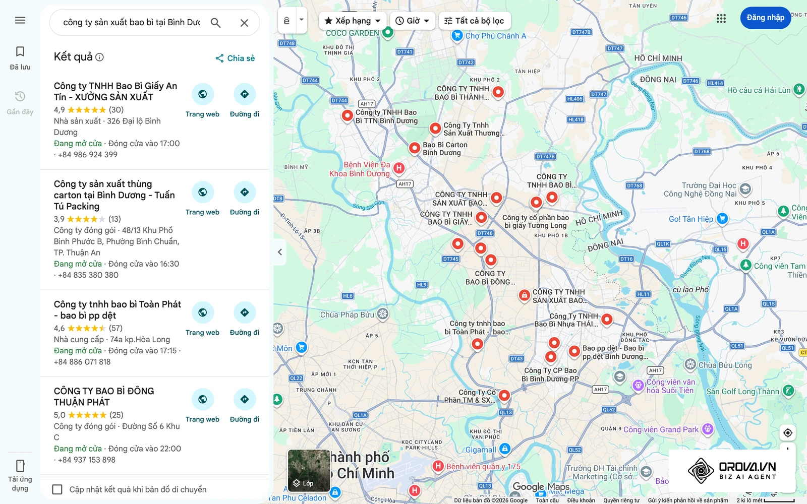 Kết quả Google Maps cho "công ty sản xuất bao bì tại Bình Dương": danh sách doanh nghiệp kèm địa chỉ, website, số điện thoại công khai