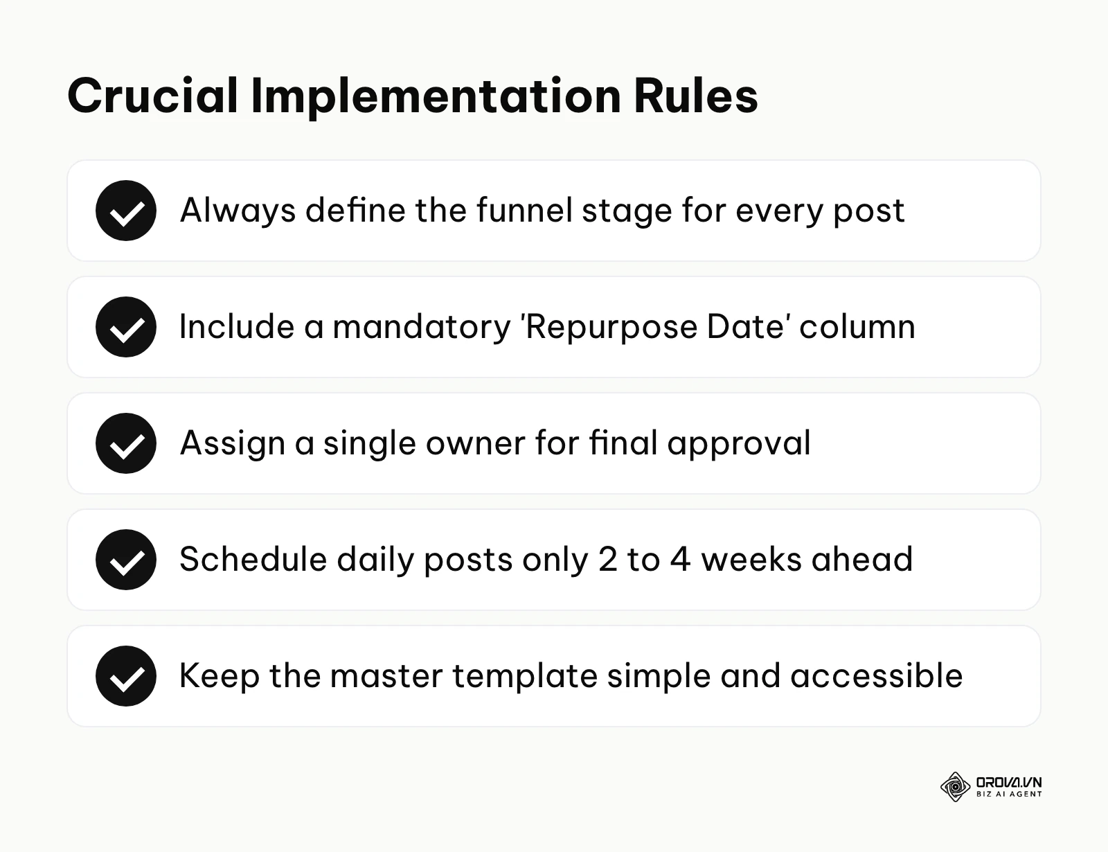 A checklist summarizing the most critical rules to follow when building a new content calendar system.