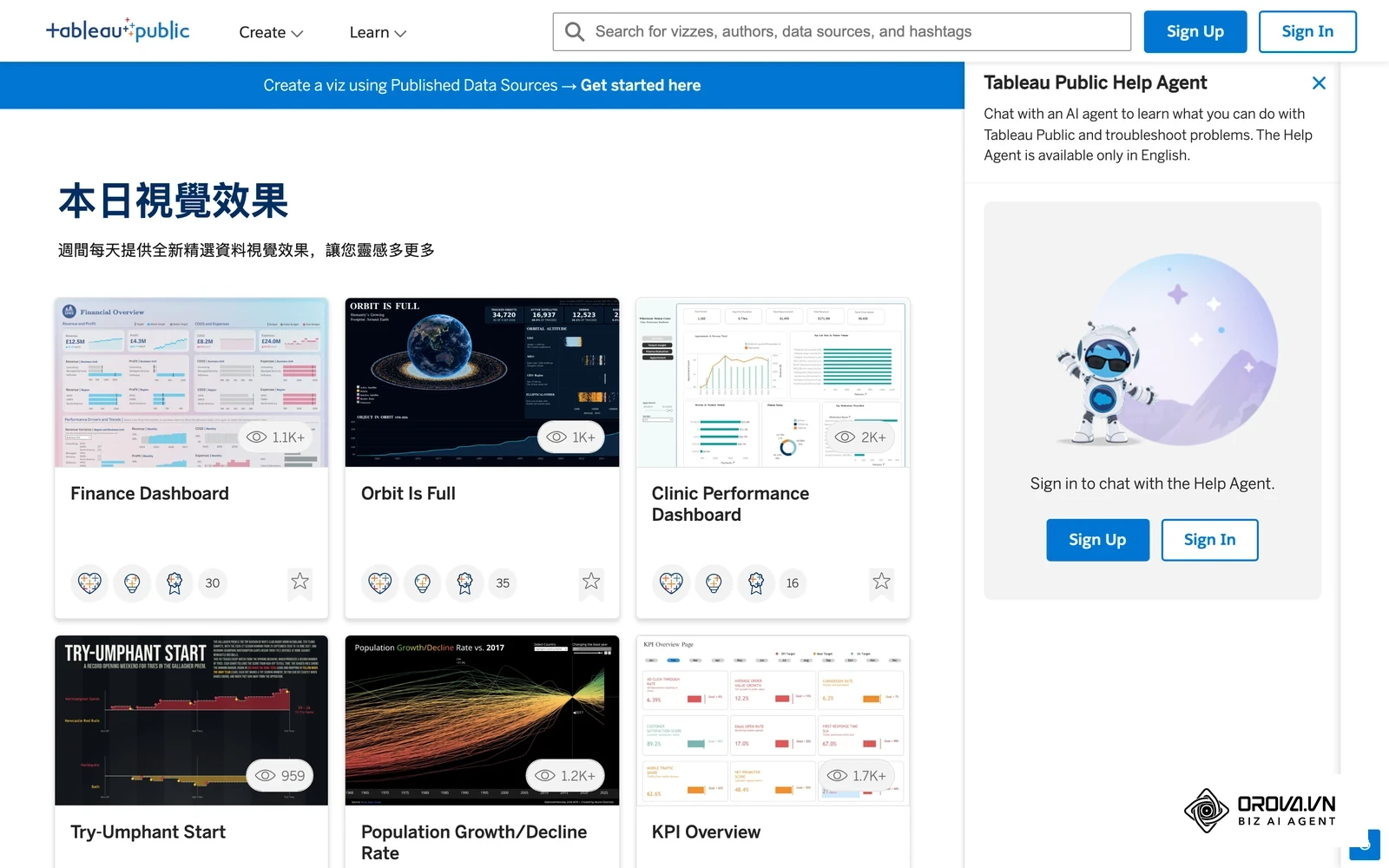 Tableau Public「本日視覺效果」頁面:財務、營運、KPI 等真實儀表板作品,可看到同一份資料用不同圖表呈現的效果。
