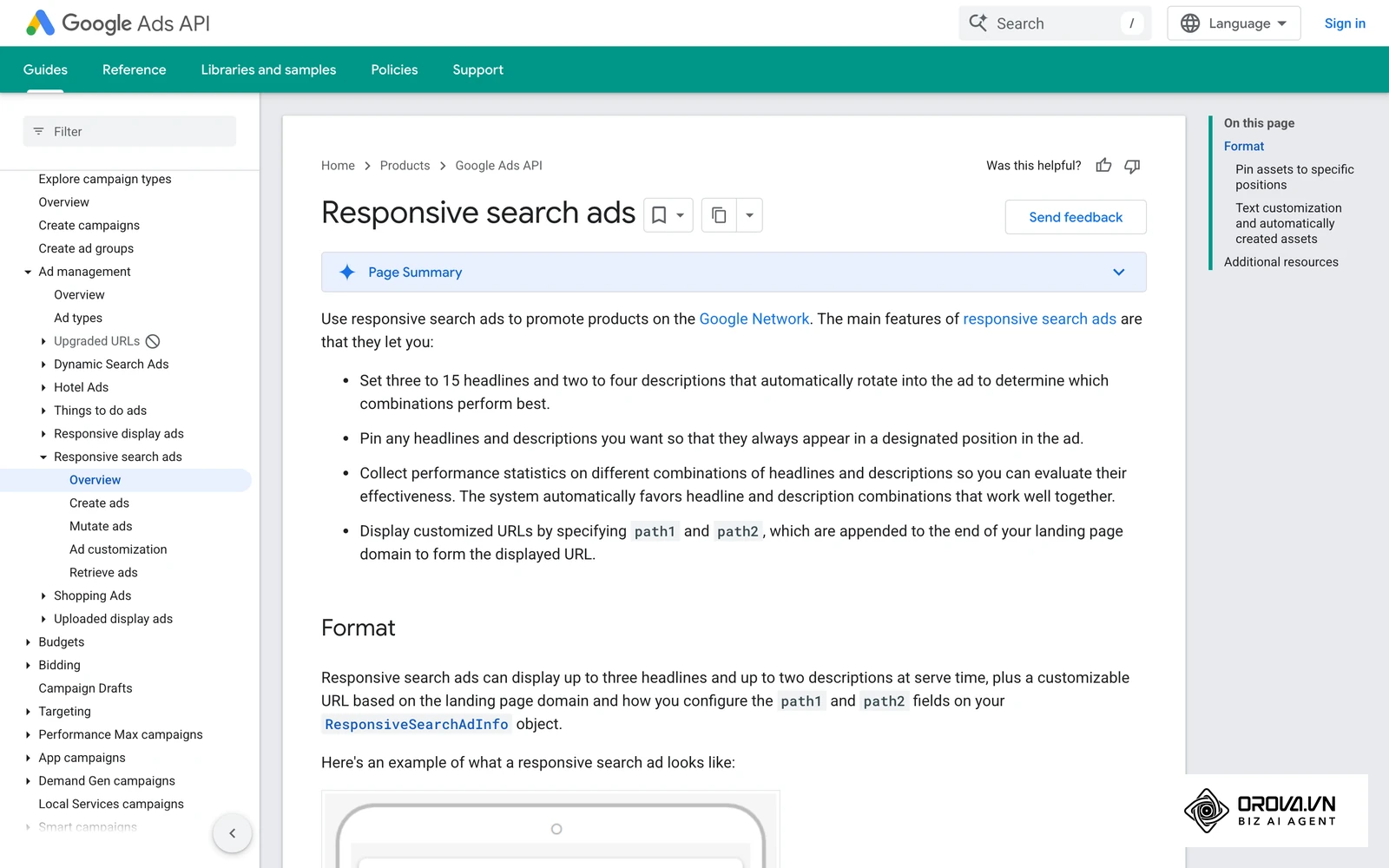 Google's developer documentation describes responsive search ads as a set of headlines and descriptions that Google assembles, with optional pinning.