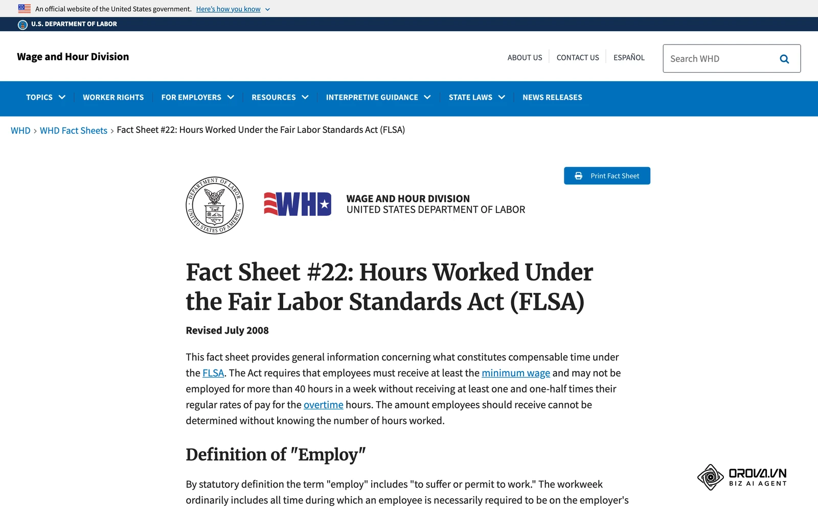 US Department of Labor fact sheet on hours worked under the FLSA, including rest and meal periods (US rules only).