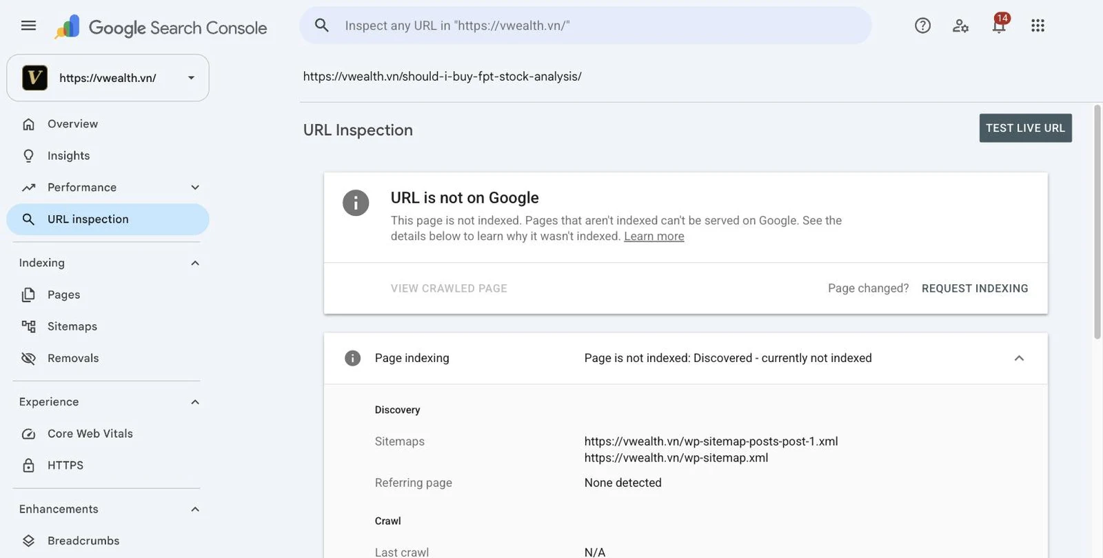 vwealth.vn 某篇文章在 Google Search Console 网址检查中的结果:已发现 - 尚未编入索引