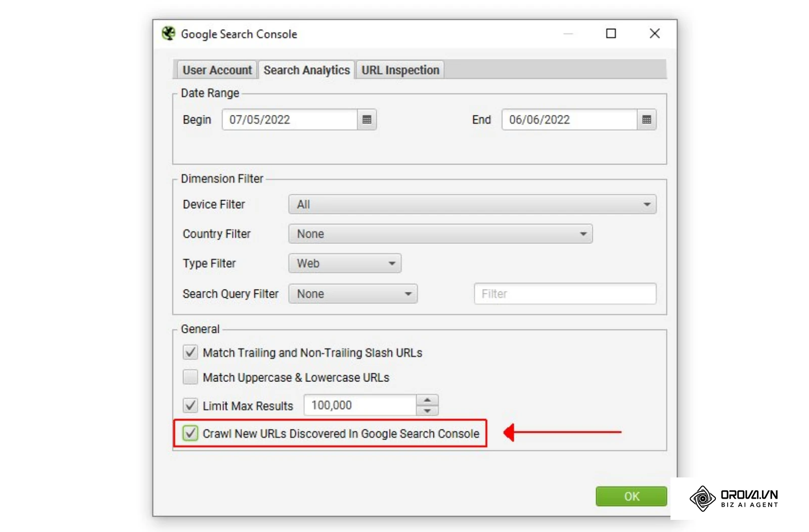 Fenêtre de configuration Google Search Console dans Screaming Frog SEO Spider avec la case Crawl New URLs Discovered In Google Search Console cochée