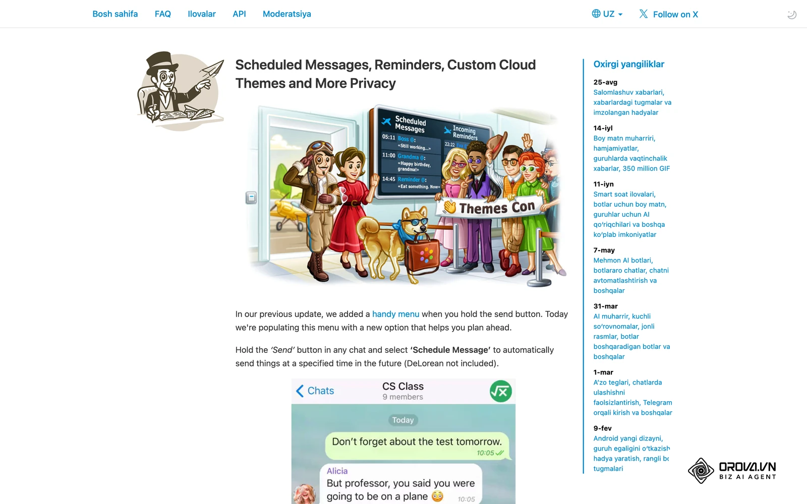 Telegram rasmiy blogi: kanal va chatlarda xabarni oldindan rejalashtirish (Scheduled Messages) funksiyasi.
