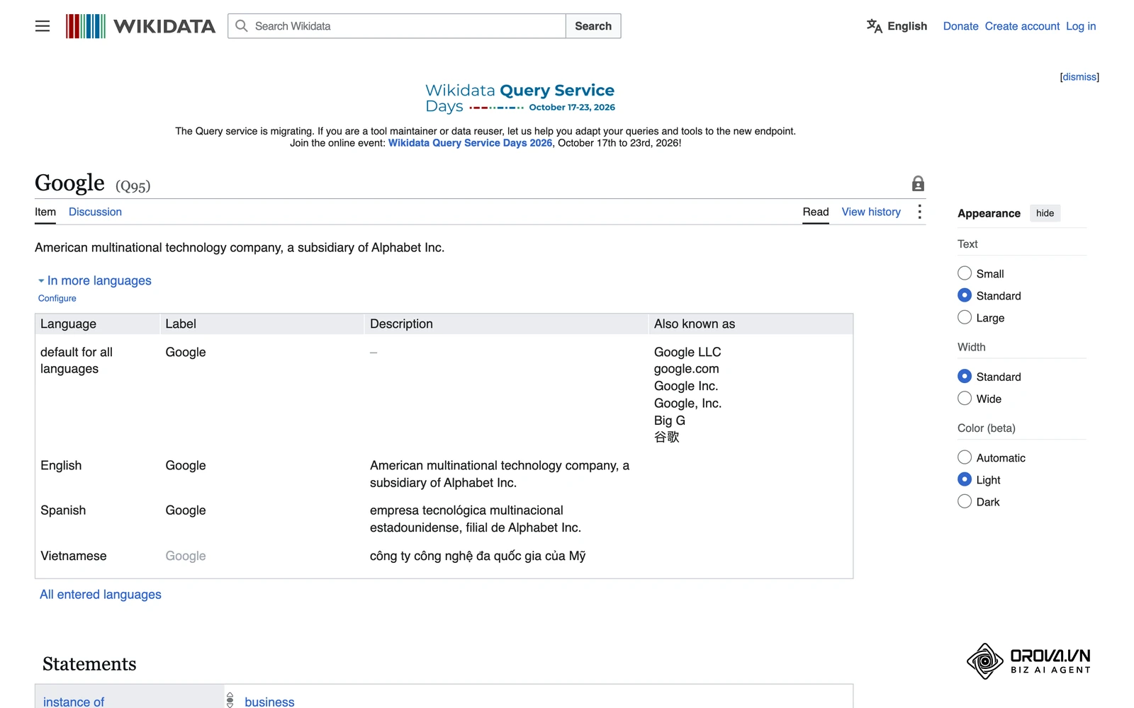 Ficha de la entidad Google (Q95) en Wikidata: identificador único, descripción y declaraciones que ayudan a los buscadores a desambiguar una entidad.