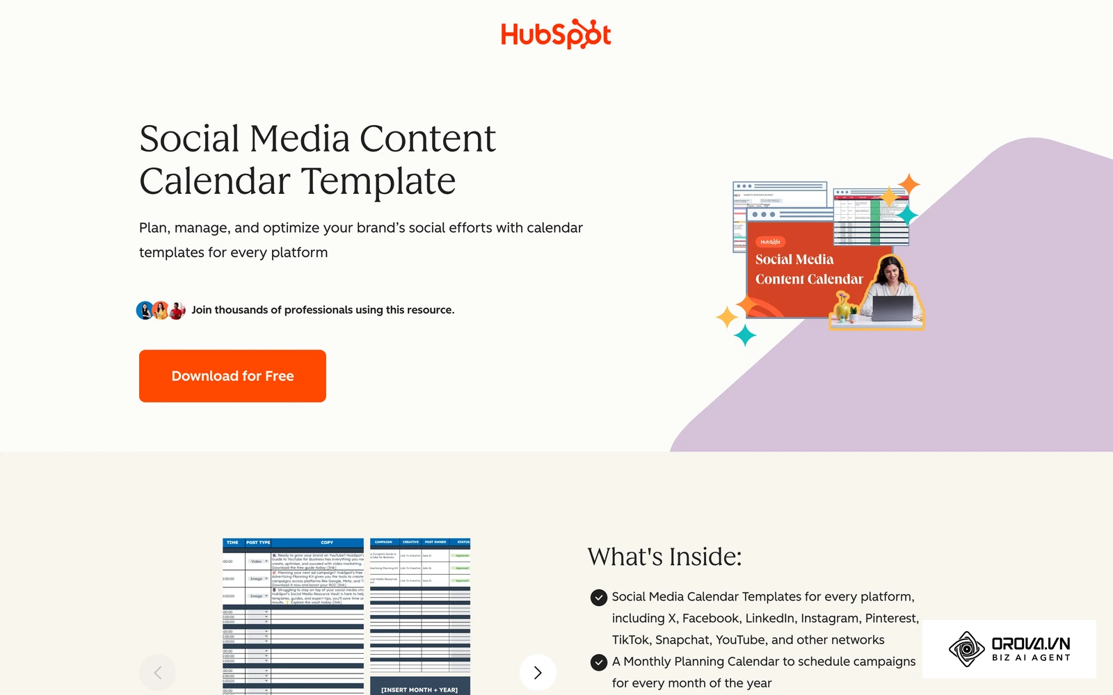 HubSpot's social media content calendar template page, with a preview of the spreadsheet tabs inside the download.