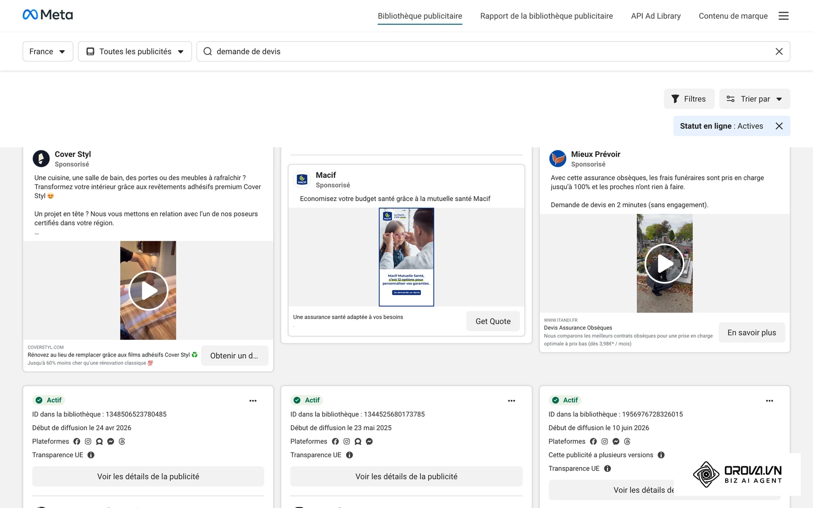 Bibliothèque publicitaire Meta : annonces actives en France invitant à « demander un devis », un usage courant des lead ads Facebook.