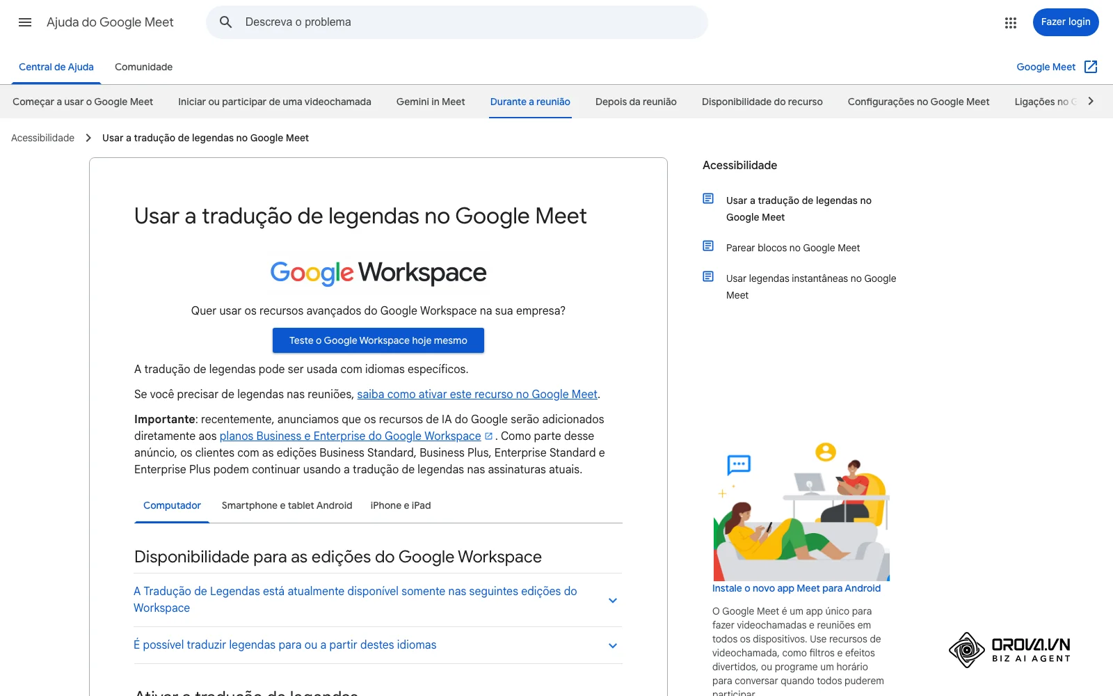 Página da Central de Ajuda do Google Meet sobre tradução de legendas (pt-BR): edições do Workspace com o recurso, idiomas e passos de ativação.