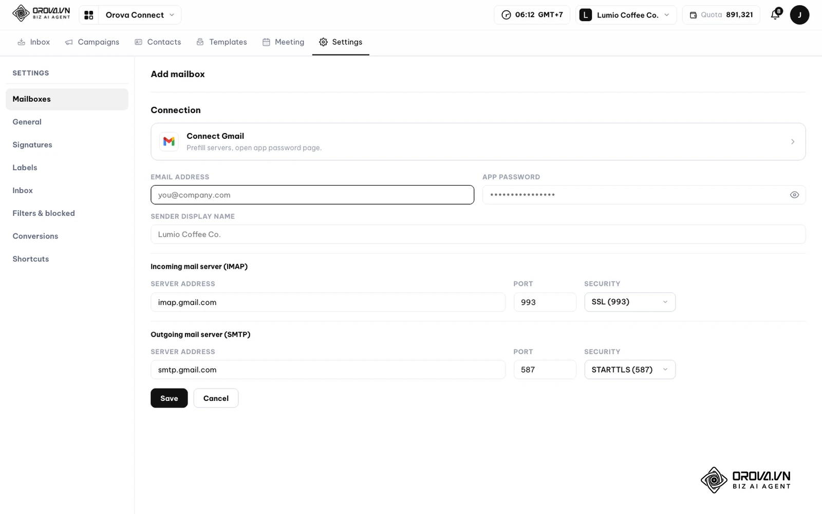 Формата Add mailbox в Orova Connect за свързване на фирмена поща през Connect Gmail или IMAP/SMTP сървъри.