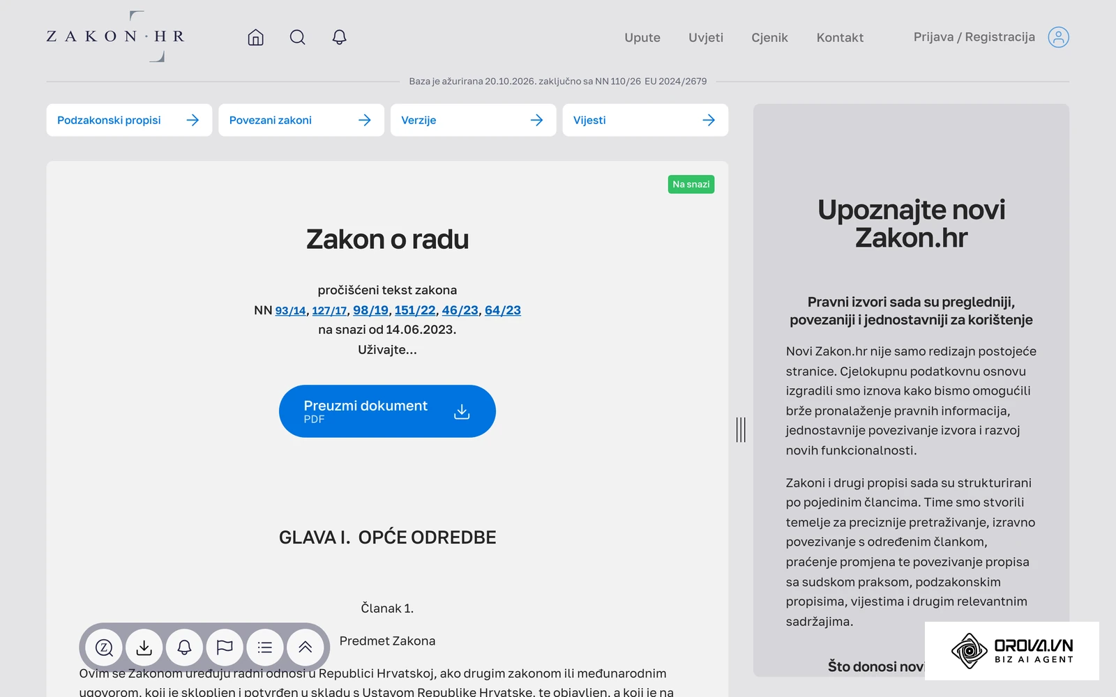 Pročišćeni tekst Zakona o radu (NN 93/14, 127/17, 98/19, 151/22, 46/23, 64/23) na portalu Zakon.hr; raspored radnog vremena uređuje članak 60.a.