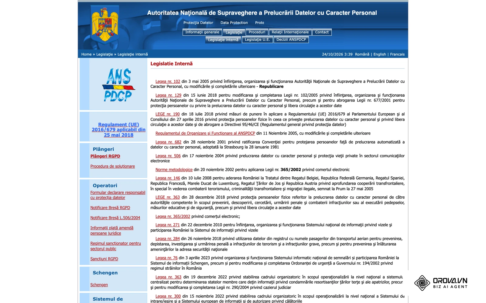 Secțiunea de legislație a ANSPDCP, unde sunt publicate textele RGPD și ale Legii nr. 506/2004 privind comunicațiile electronice