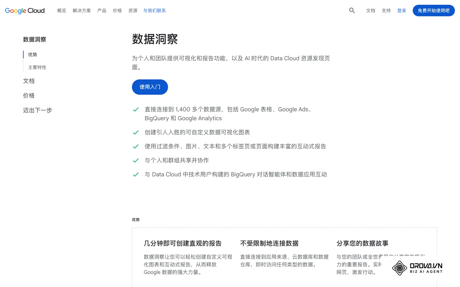 Google Cloud 官方“数据洞察”(Looker Studio)介绍页:把多个数据源汇集到可共享的报告中