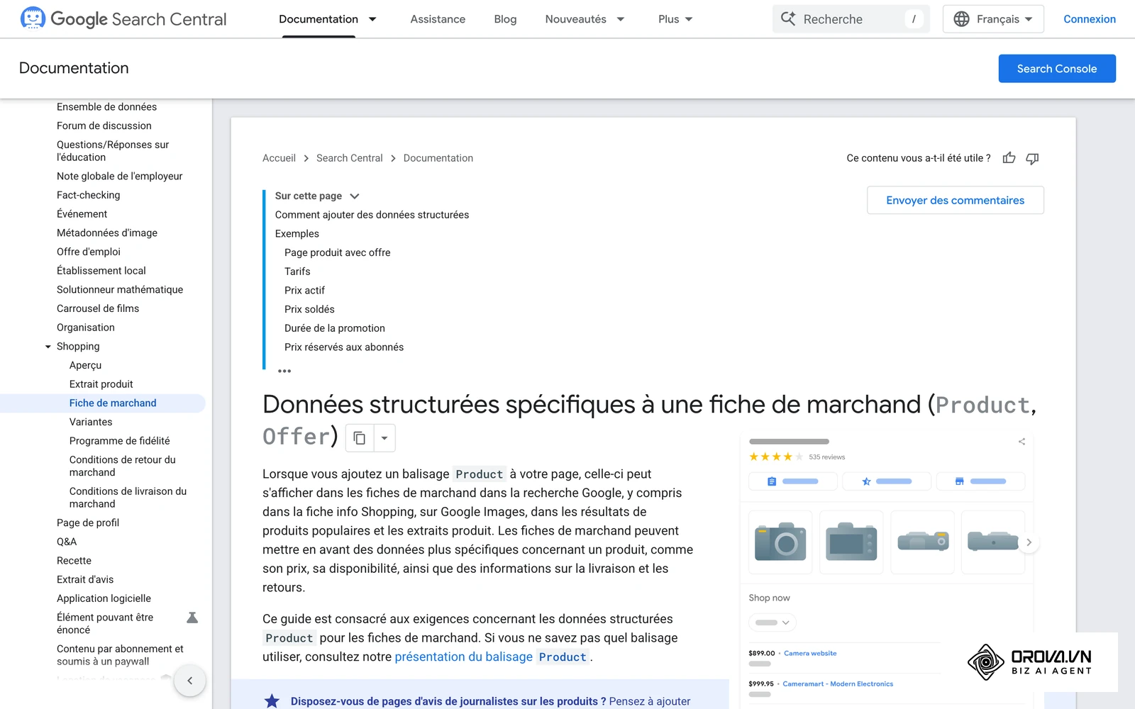Documentation Google Search Central sur les fiches marchandes : les propriétés d'offre, de livraison et de retour à baliser dans le JSON-LD.