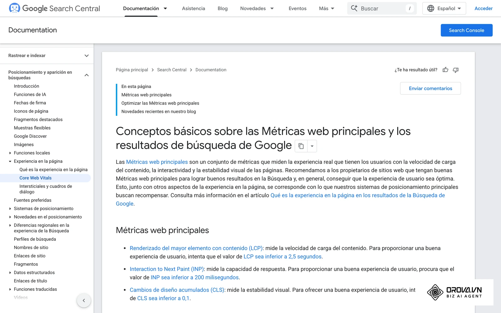 Documentación de Google Search Central sobre Core Web Vitals: los umbrales de LCP, INP y CLS se miden con datos de usuarios reales, no con una puntuación de 100.