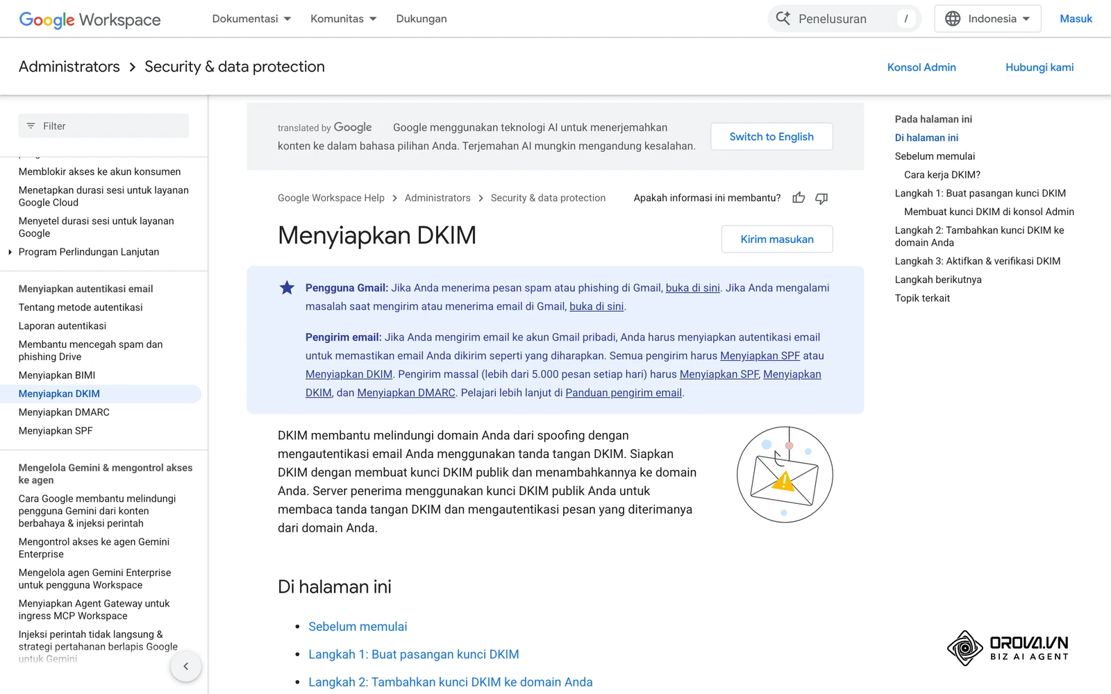 Halaman bantuan resmi Google Workspace "Menyiapkan DKIM": langkah membuat dan menambahkan kunci DKIM ke domain.