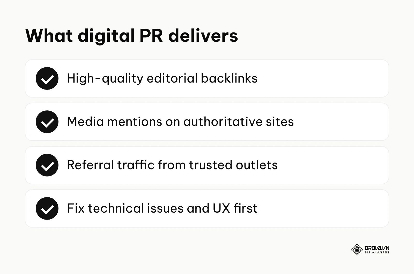 Summary of digital PR outcomes: editorial backlinks, media mentions, referral traffic, and the need to fix site foundations first.