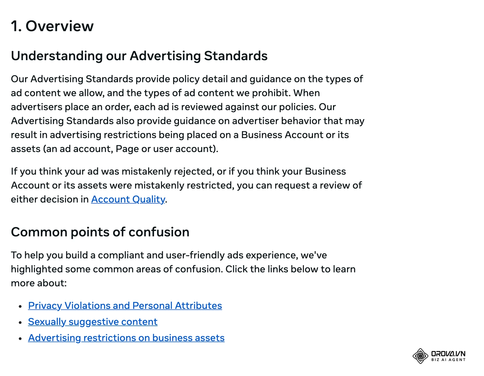Meta centar za transparentnost (engleski): uvod u Advertising Standards i mogućnost da zatražite pregled odluke preko Account Quality.