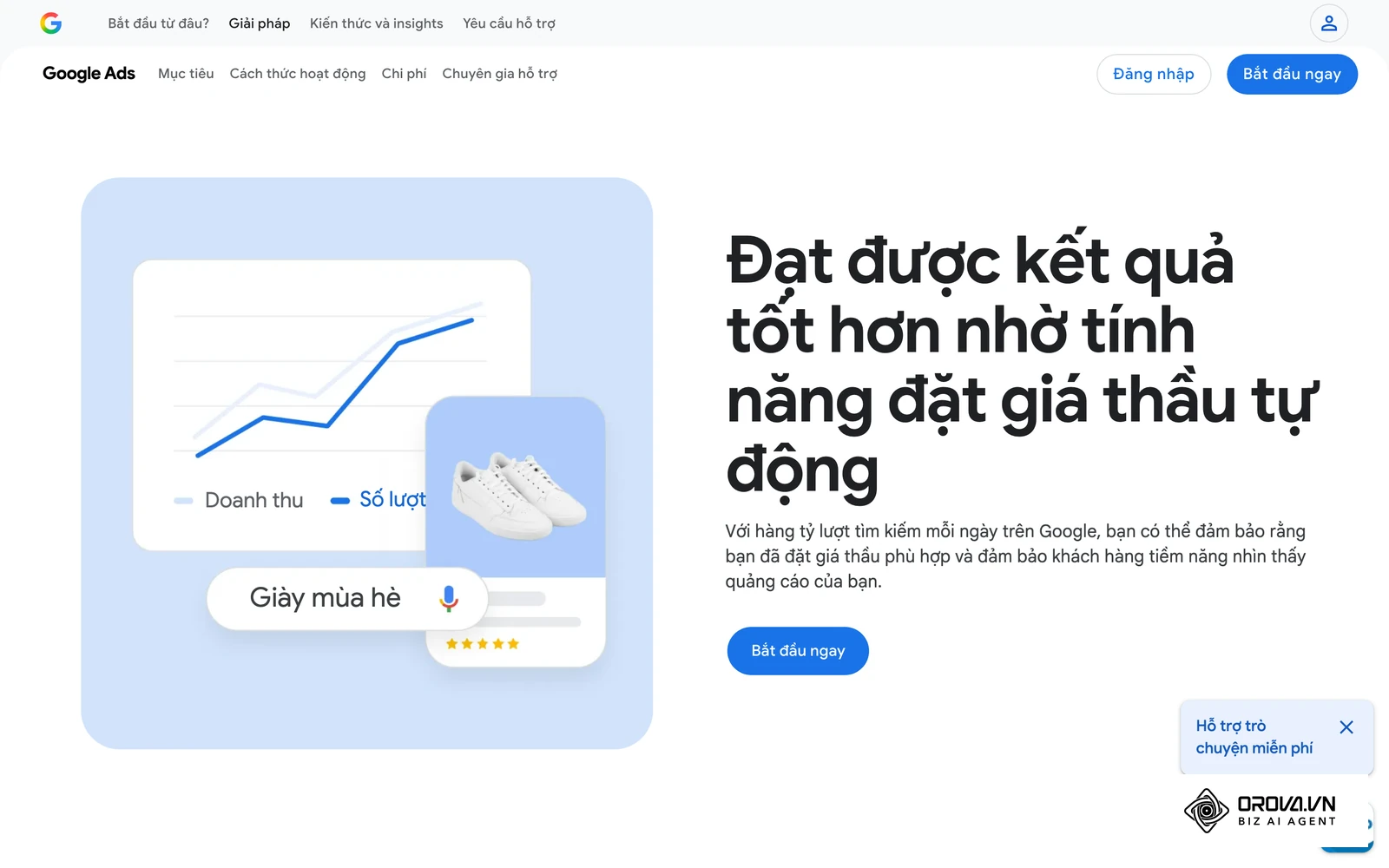 Trang Google Ads giới thiệu cách đặt giá thầu, phần quyết định bạn trả bao nhiêu cho mỗi lượt nhấp hay chuyển đổi.