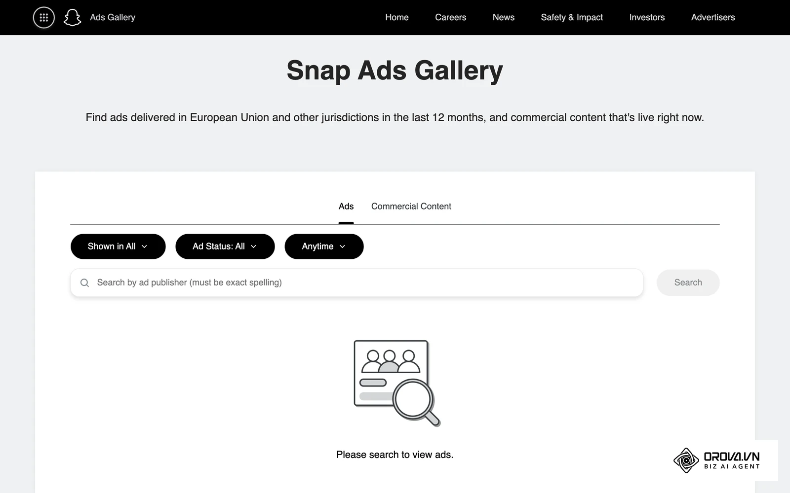 Snap Ads Gallery, Snapchat's public search tool for ads delivered in the EU, useful for studying real vertical creatives.