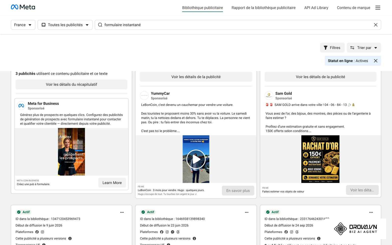 Bibliothèque publicitaire Meta : annonces actives en France pour la recherche « formulaire instantané », dont une publicité Meta for Business invitant à créer une pub à formulaire.