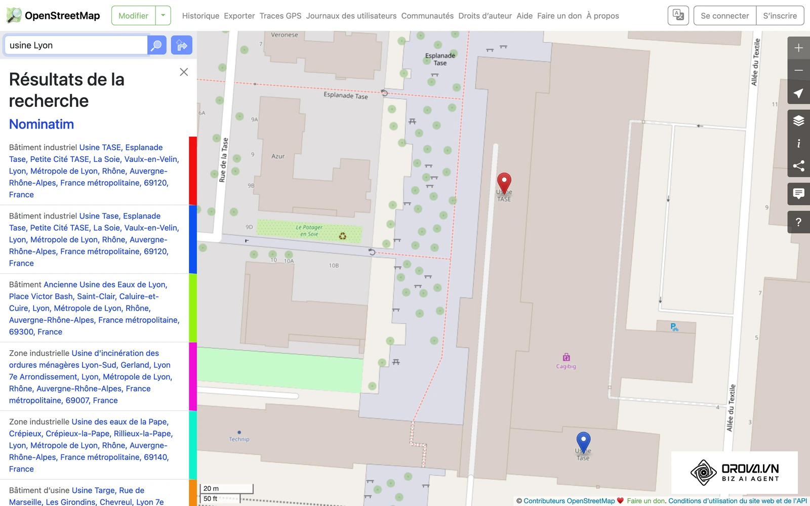 Recherche « usine Lyon » sur OpenStreetMap : la carte libre recense des sites industriels avec leur emplacement.