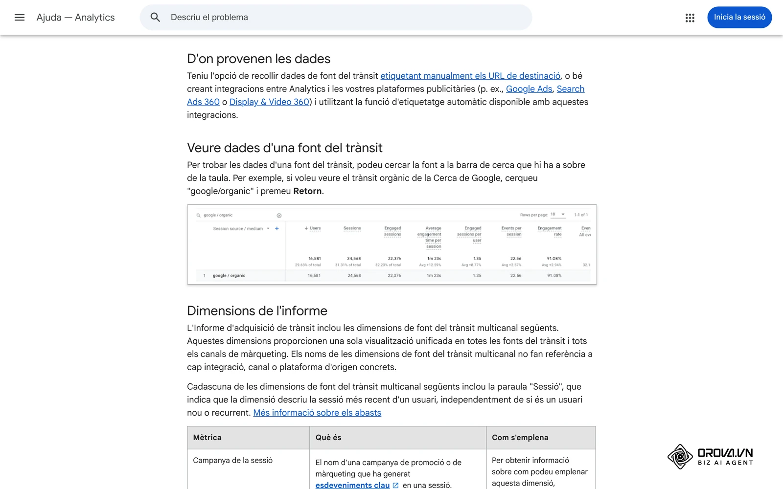Ajuda de Google Analytics en català sobre l'informe d'adquisició de trànsit, on es veuen les sessions per font, mitjà i campanya.