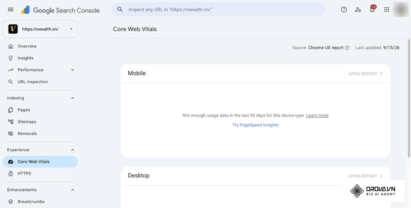 vwealth.vn 的 Google Search Console Core Web Vitals 报告,手机与桌面均提示过去 90 天使用数据不足
