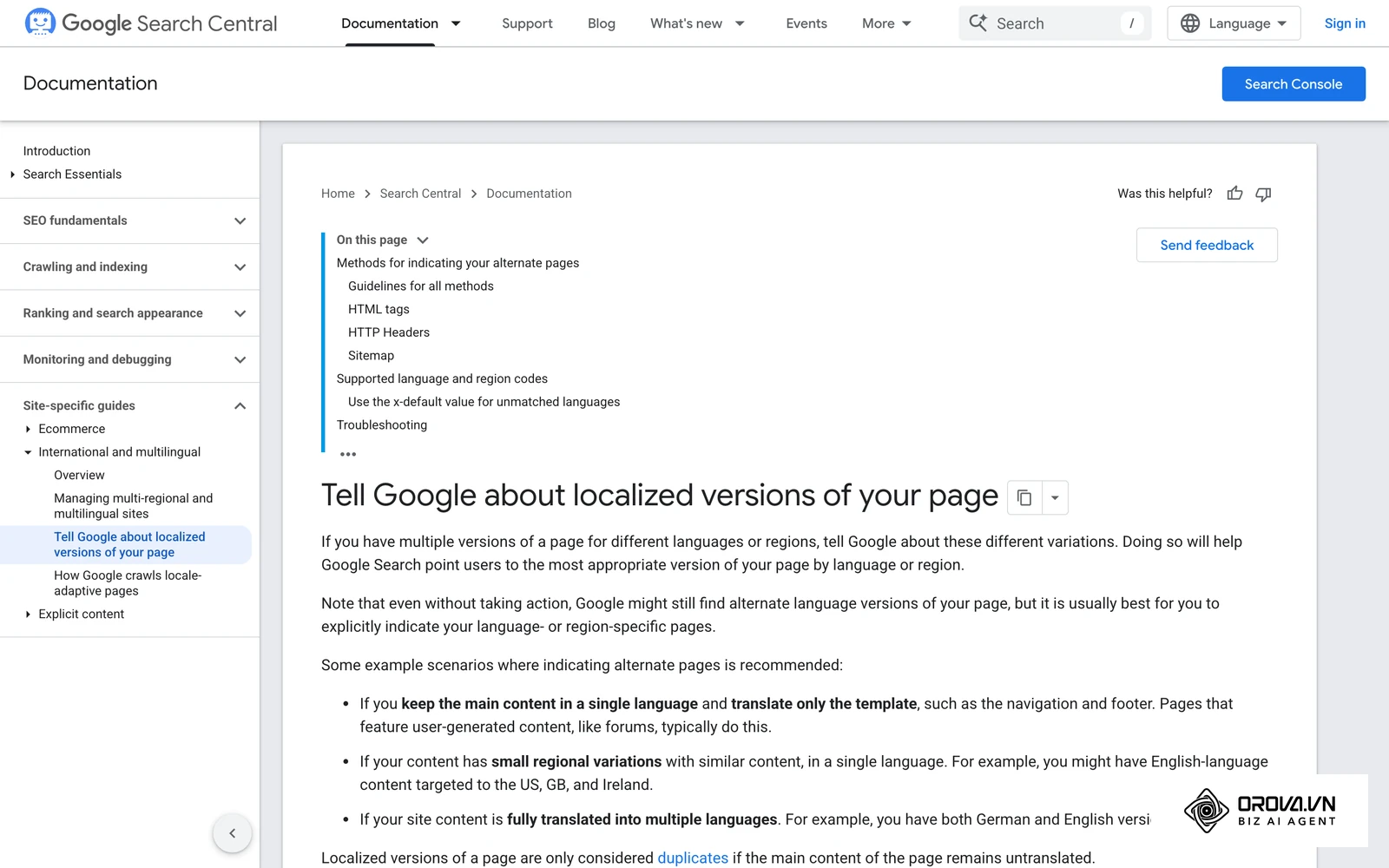Google Search Central yoʻriqnomasi: hreflang havolalarini HTML, HTTP sarlavhasi yoki sitemap orqali koʻrsatish usullari.