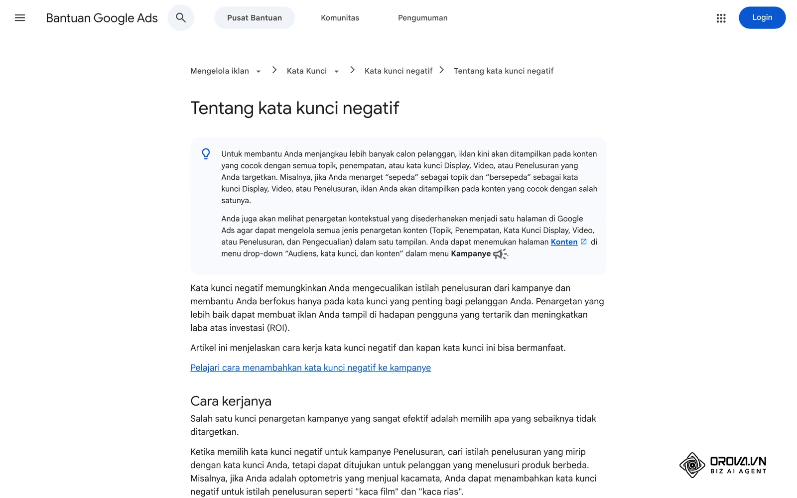 Halaman Bantuan Google Ads tentang kata kunci negatif dan cara kerjanya pada pencocokan luas, frasa, dan persis.