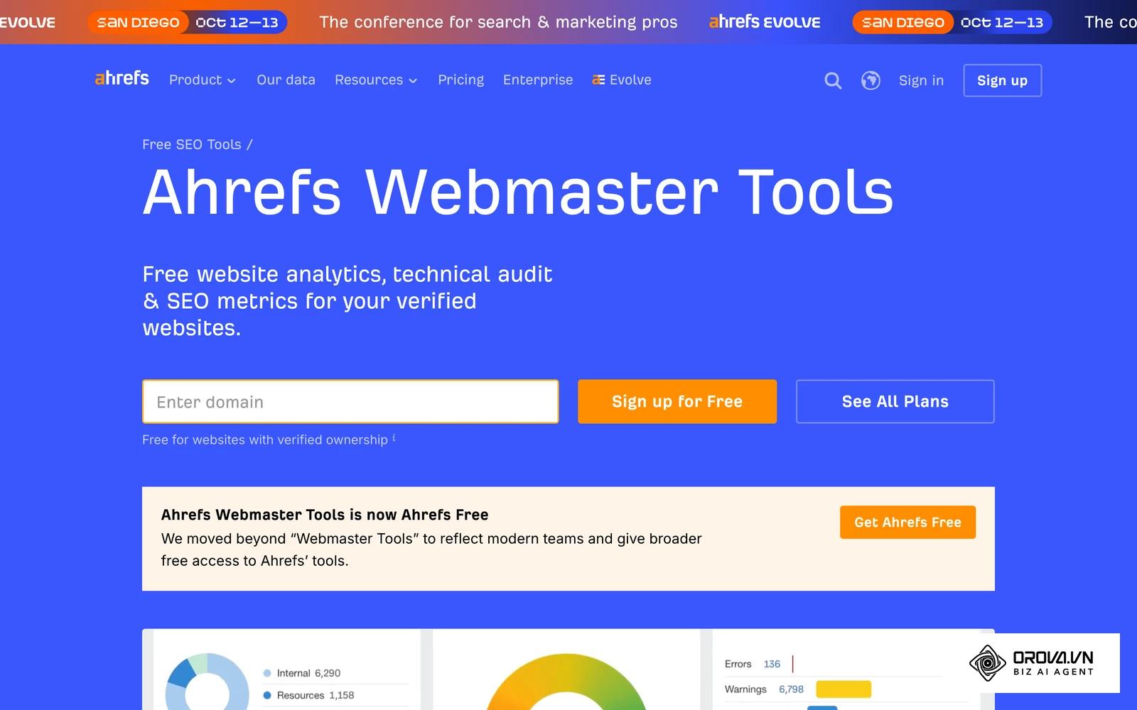 Ahrefs Webmaster Tools 官网页：已验证网站可免费使用 Site Audit 与 Site Explorer 查看自站数据