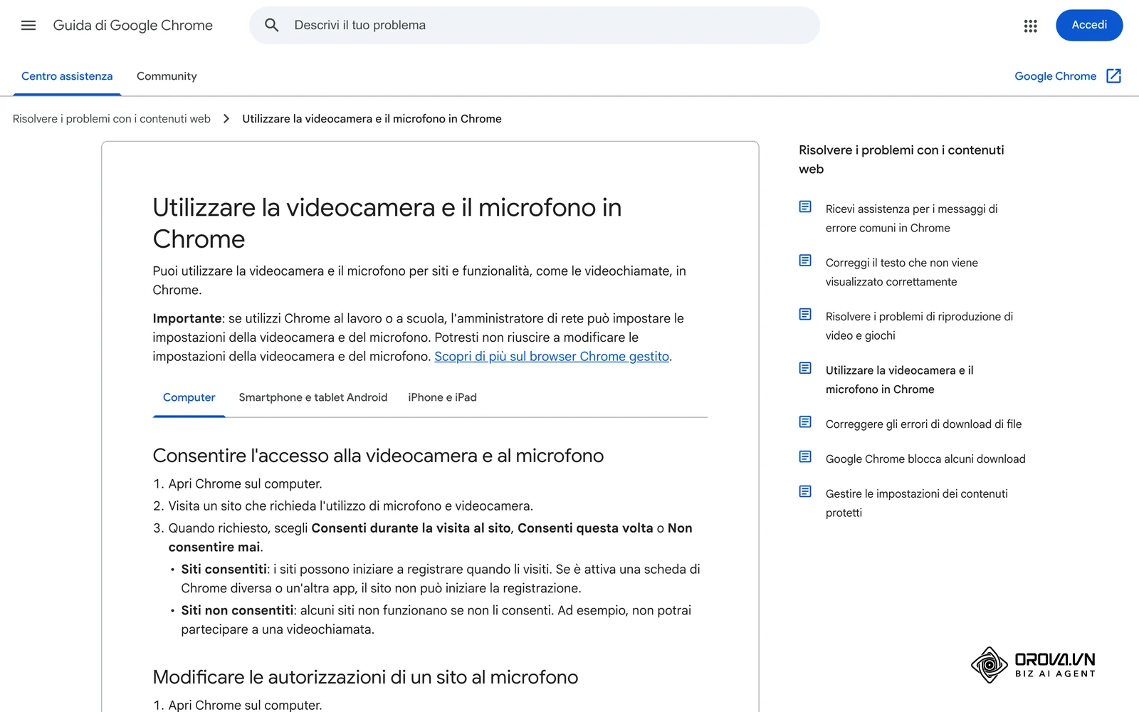 Guida di Google Chrome in italiano per gestire i permessi di fotocamera e microfono dei siti web.