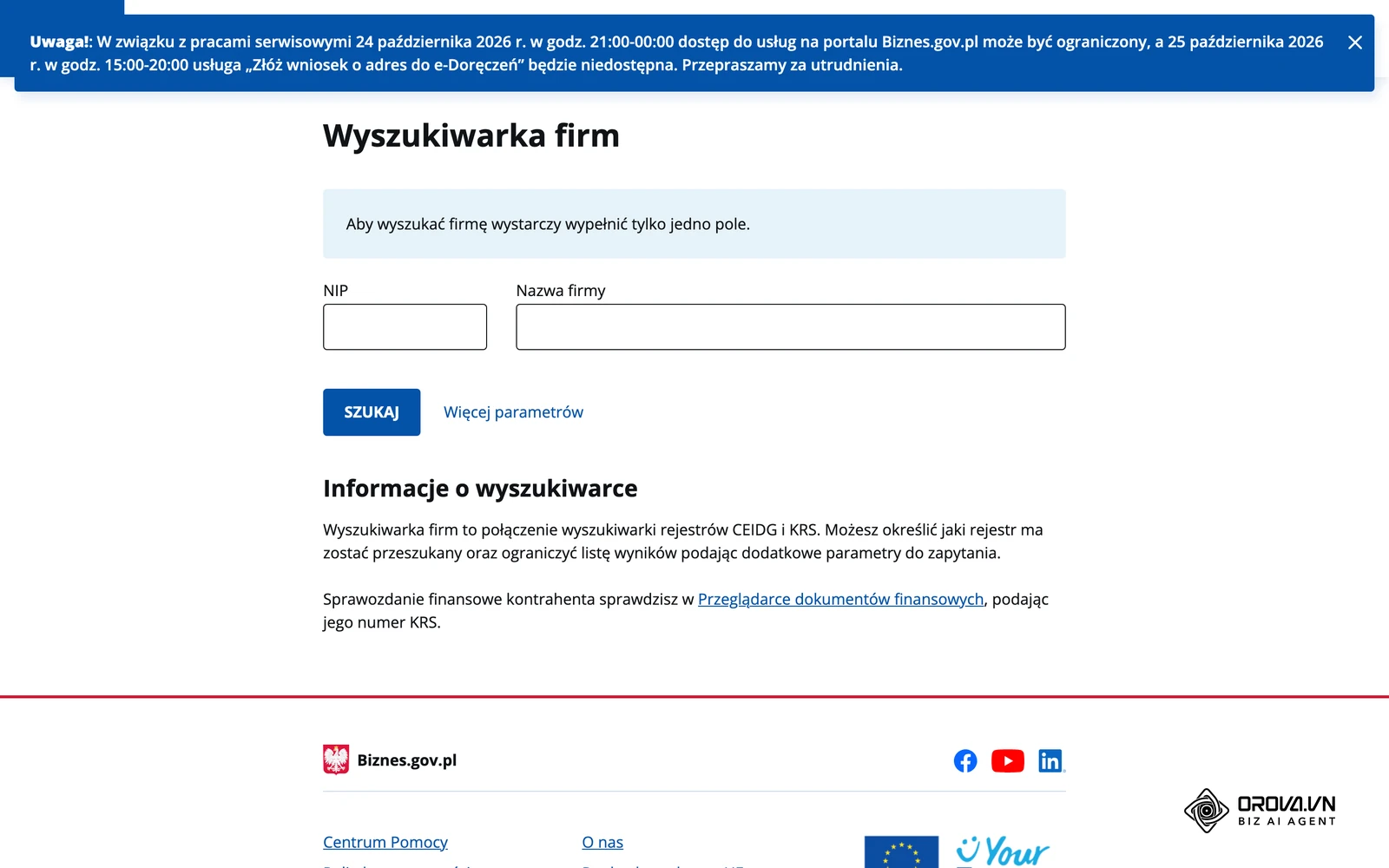 Wyszukiwarka firm w serwisie Biznes.gov.pl, łącząca rejestry CEIDG i KRS – wyszukiwanie po NIP lub nazwie firmy.