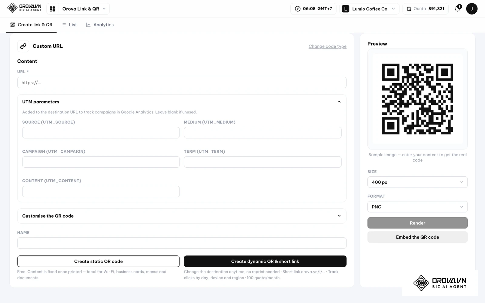 Formulário Custom URL do Orova Link & QR: campo de URL em Content, seção UTM parameters aberta com os cinco campos source, medium, campaign, term e content, seção Customise the QR code e os botões Create static QR code e Create dynamic QR & short link.