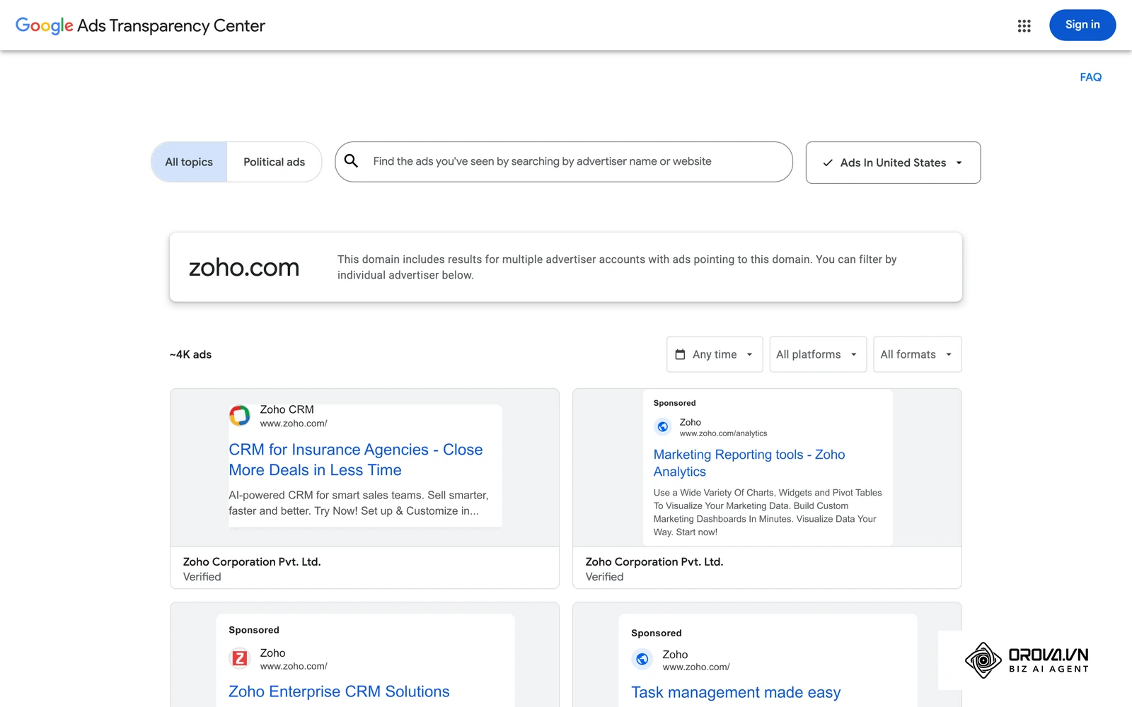 Google Ads Transparency Center, region United States: about 4,000 live Search ads from one large B2B software advertiser, the high-CPC category covered in the SaaS case study below.