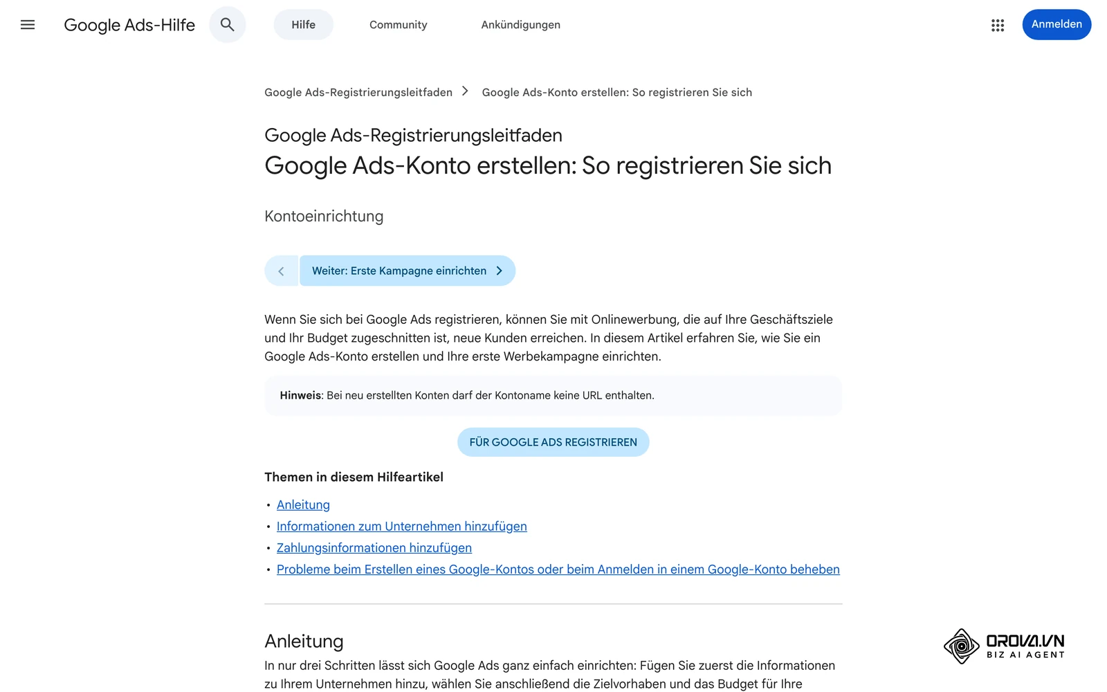 Registrierungsleitfaden der Google Ads-Hilfe: Konto erstellen, Unternehmensdaten und Zahlungsinformationen hinzufügen.