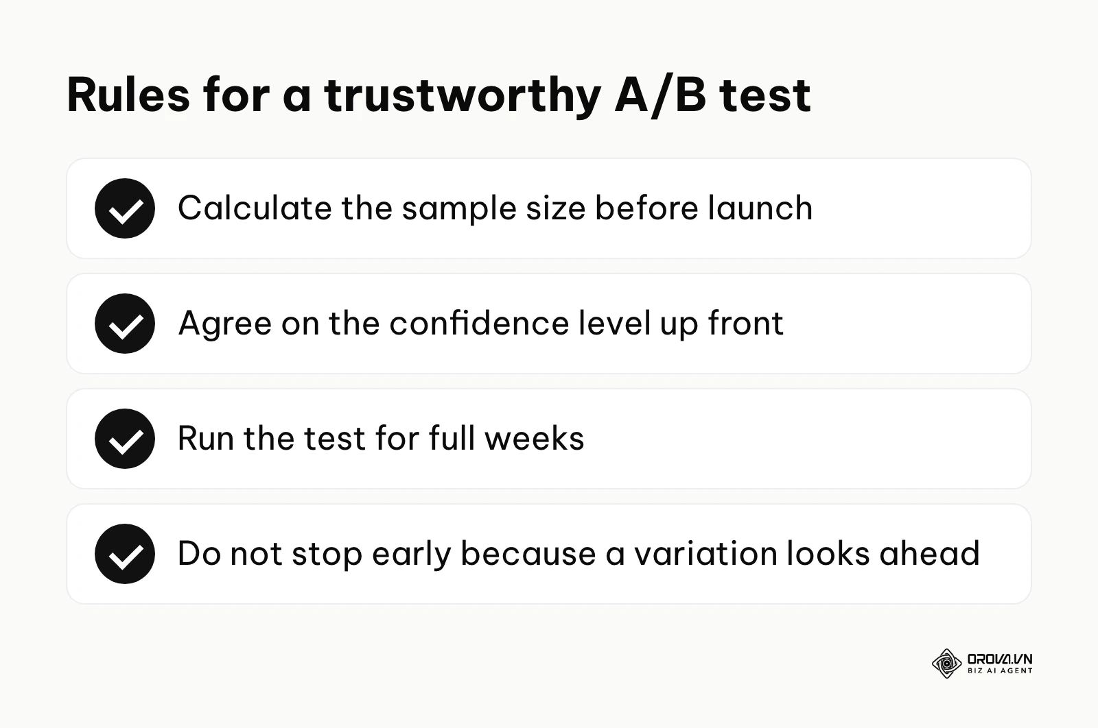 Checklist of rules for running a reliable A/B test: sample size, confidence level, full weeks, no early stopping.