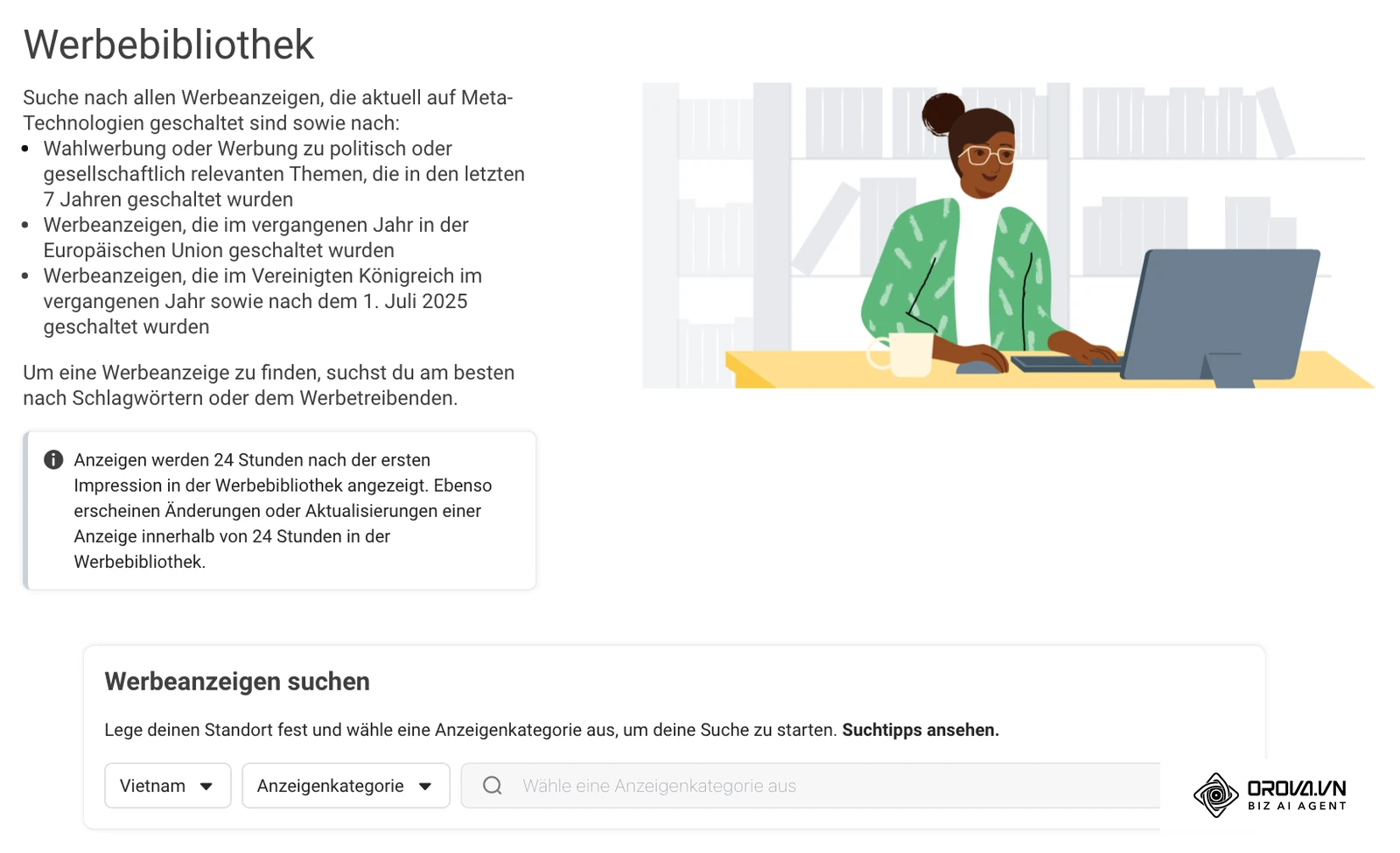 Startseite der Meta-Werbebibliothek auf Deutsch mit dem Bereich Werbeanzeigen suchen, dem Standortmenü, dem Menü Anzeigenkategorie und dem noch inaktiven Suchfeld