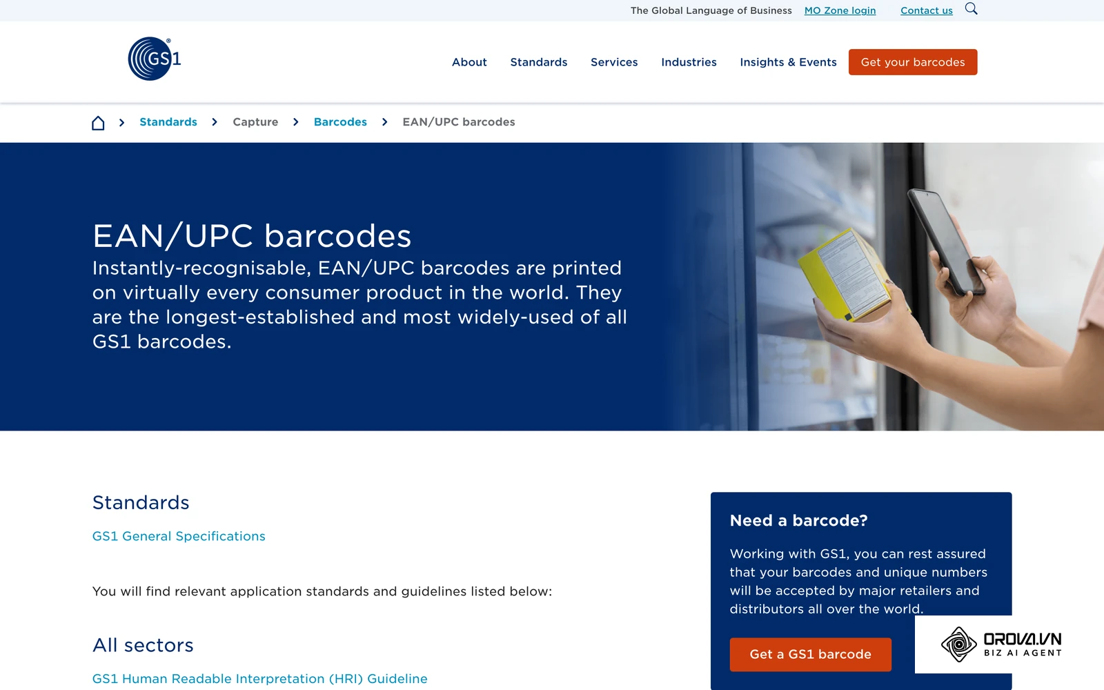 ទំព័រផ្លូវការ GS1 បង្ហាញ Barcode EAN/UPC ១ វិមាត្រ ដែលប្រើនៅបញ្ជរ POS លក់រាយទូទាំងពិភពលោក
