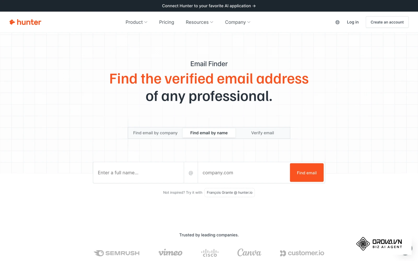 Hunter's Email Finder page: a single-database lookup that takes a name and a company domain and returns one address.