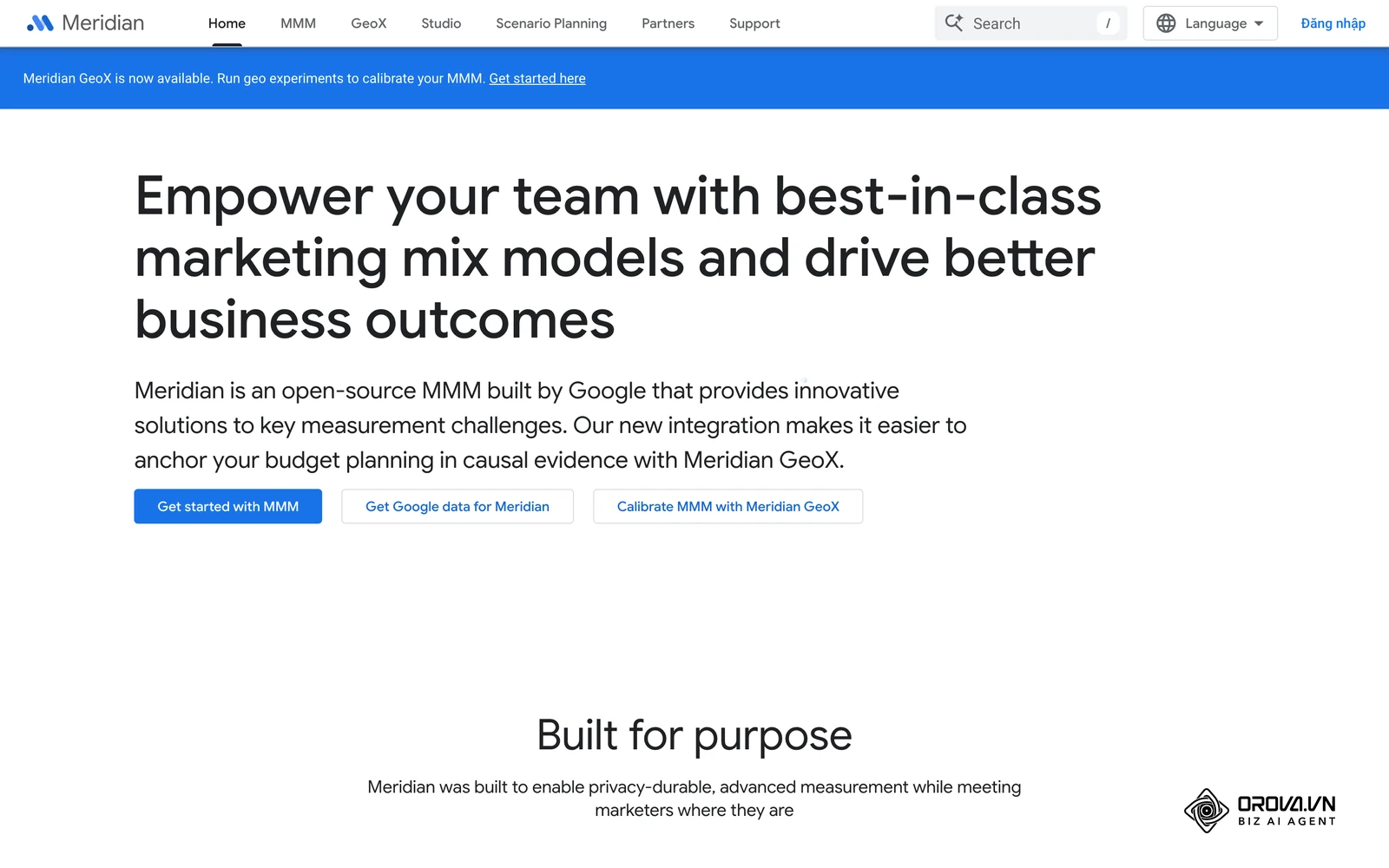 Trang giới thiệu Meridian, bộ marketing mix modeling mã nguồn mở của Google.