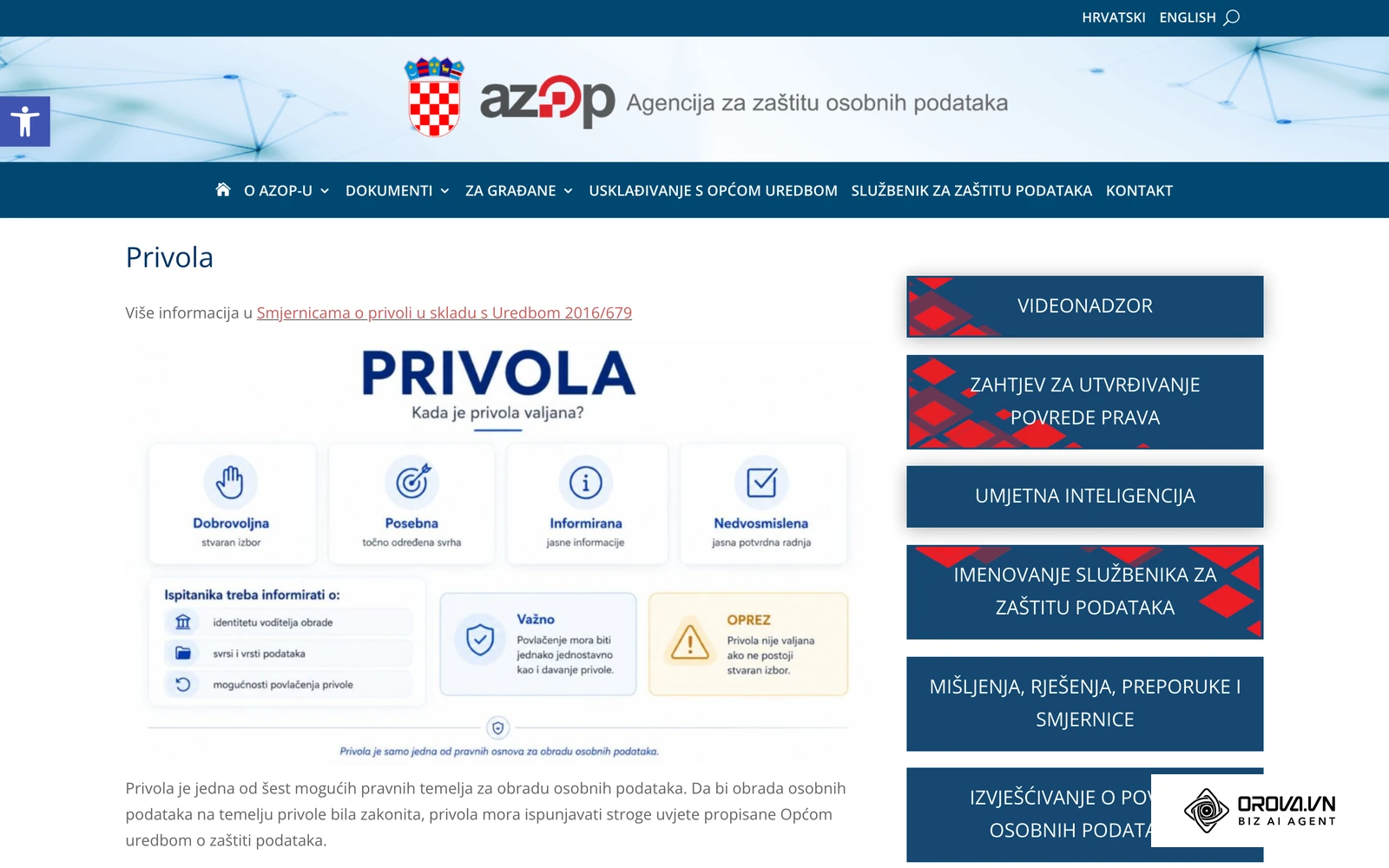 Stranica Agencije za zaštitu osobnih podataka (AZOP) o privoli kao pravnoj osnovi za obradu osobnih podataka.
